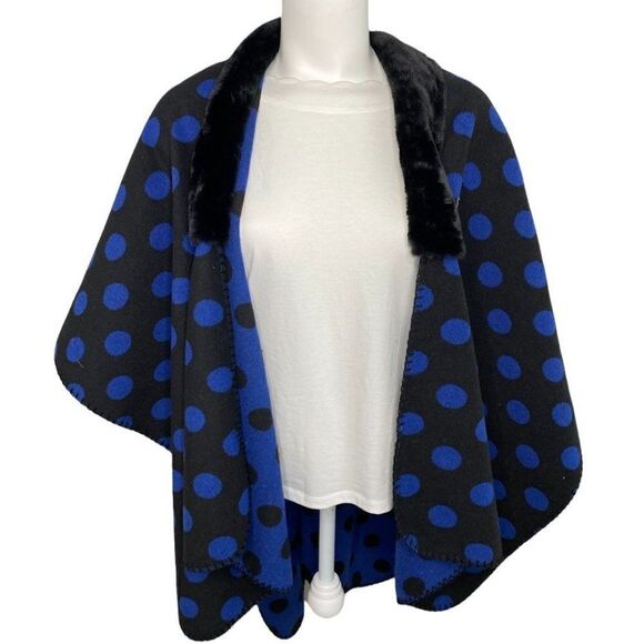 LOFT Cardigan Wrap Women's MEDIUM Blue Black Polka Dots Faux-Fur‎ Collar Draped - Picture 1 of 6